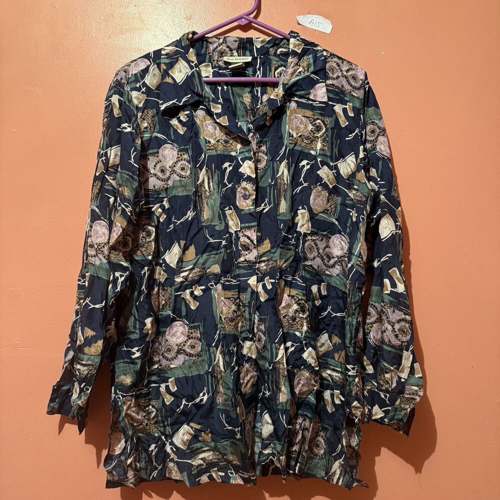 Vintage The Avenue Womens Blouse Plus 14/16 Blue Silk Button Up Top Long Sleeve